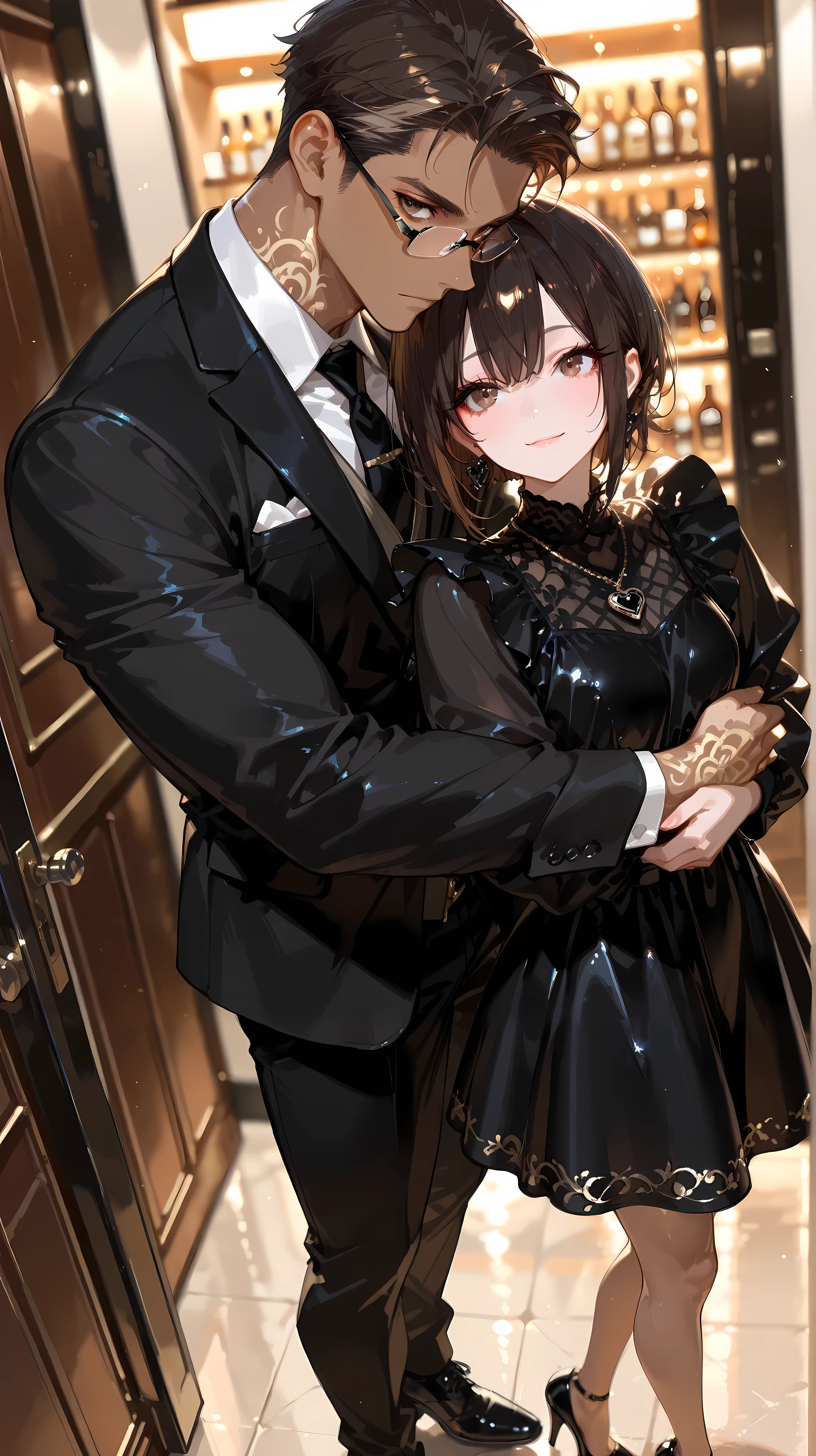 masterpiece,best quality,amazing quality, detailed eyes, very aesthetic, depth of field, detailed background, 1boy, 1girl, male has brown skin, male has long face, male has low fade hair , male has dark brown eyes, black hair, male is muscular, male wearing a fancy full black suit, male wears fancy black derby shoes, male wear black browline glasses, stylish apacious prom room, male is hugging girl from behind while standing (girl has dark brown short straght hair, dark brown eyes, long eyelashes and girl has ivory skin, girl wearing a fancy long black dress, girl wears black heels, girl wears black heart necklace), from wide front angle, both looking at viewer, both happy, girl has short hair, girl don't wear glasses