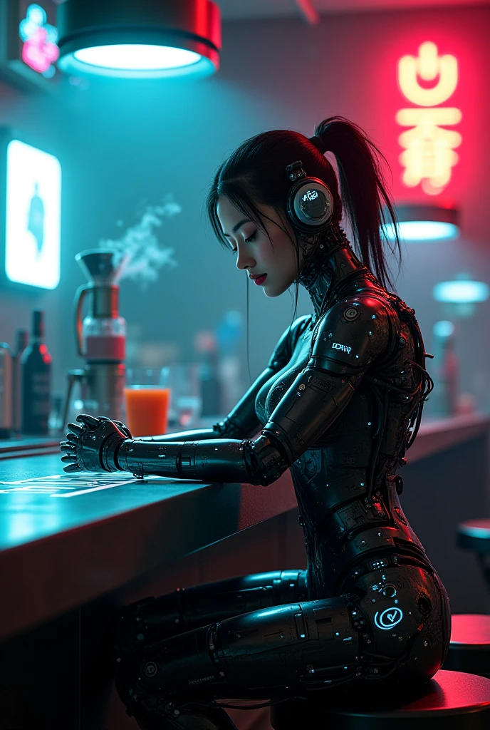 Sexy cyborg girl erotically sitting at a table in a sidewalk cafe, foot on foot, (Best quality, 4K, 8k, A high resolution, masterpiece:1.2), absurdity, masterpiece, ultra detailed, (realistic, photorealistic, photorealistic:1.37), complex parts, HDR, (complex parts:1.12), (hyper detailed, hyper realistic, Soft lighting, spicy:1.2), beautiful figure, Magnificent Anatomy, (complex part, Hyper detailed:1.15), Smooth skin,