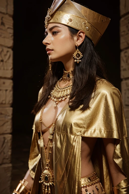 a beautiful woman in an elegant gold suit and elaborate headdress, posing for a portrait, highly detailed, photorealistic, egyptian princess, white emma watson as egyptian goddess cleopatra, wearing an ornate egyptian crown, beautiful goddess, detailed egyptian makeup, egyptian clothing and style, cleopatra, ancient egyptian princess libu, egypt setting, android girl in egyptian ruins, accurate to egyptian tradition, 8k, high resolution, hyper detailed, masterpiece, cinematic lighting, dramatic colors