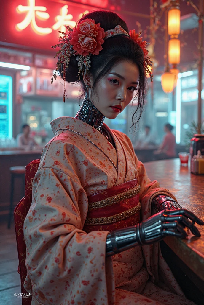 Geisha cyborg in a retro futuristic bar - SeaArt AI