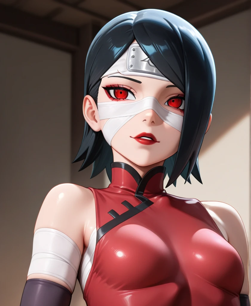 Naruto shippuden screencap of a female black hair with burgundy tips, and red eye. A school scene behind her. She wearing a ninja clothes and wear a half broken mask. Pierrot studio screencap.