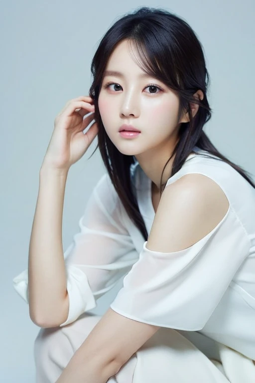 Close-up of a woman in a white dress sitting on a wooden floor, beautiful south Korean women, gorgeous young Korean women, beautiful young Korean women, Gorgeous Chinese Model, Spread your legs wide,Your clothes are torn,Korean girl in korea, Beautiful Asian Girl, Young sensual elegant, Korean women, Photo of slim girl model, Wearing a white camisole, Beautiful Asian Woman, Lovely lady, Beautiful woman in white clothes