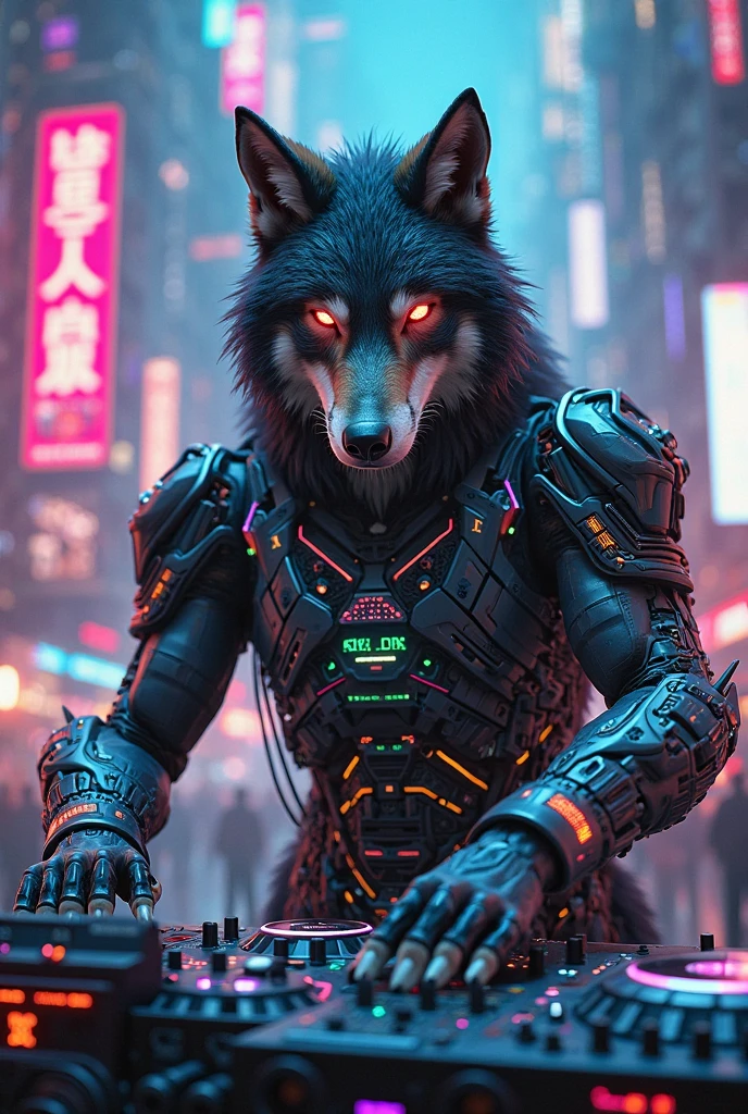((masterpieces)), handsome, furry, male, wolf, body builder, perfect anatomy, solo, portrait, (clothed), (exoskeleton, prosthetic):1.2, VR display, kemono, (cyberpunk, mechanical city), (detailed background), glitch effect, by (by Pino Daeni, (by canyne khai), takahirosi, kiyosan, bk-mita, bakemonoy) <lora:MJfurry:1>