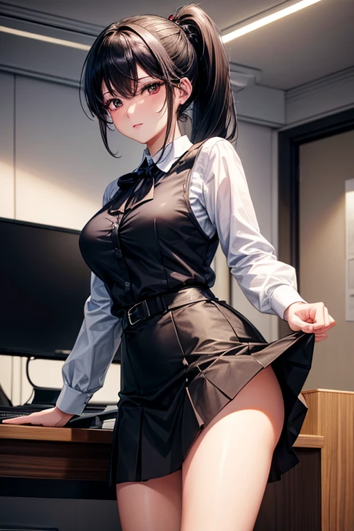 (Mejor calidad, Hi-Def), anime woman, beautiful face,extremely detailed face, woman working in an office, professional outfit, stylish skirt, nylon stockings, thick shirt, sin fallos, close shot