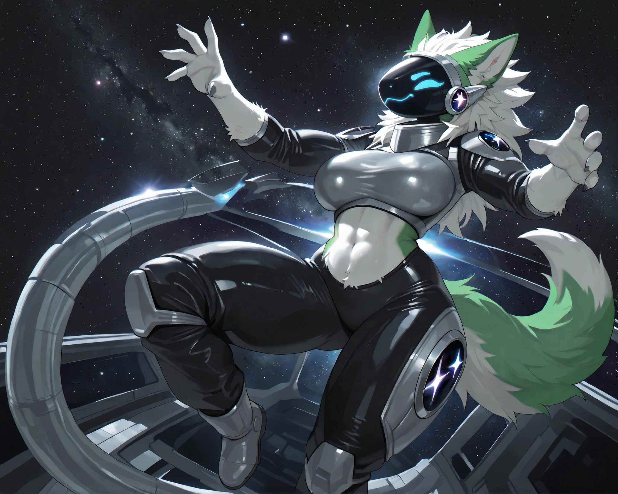 ((solo)), (masterpiece, best quality:1.2), high quality, highres, absurdres, protogen, protogen visor, protogen face, Anthro_furry, detailed fur, fluffy fur, furry body, spiky fur, fluffy body, multicolored body, two-tone body, green fur, white underbelly, long hair, fluffy, hair, spiky hair, large breasts, wide hips, curvy, voluptuous, long tail, canine tail, fluffy tail, muscular, strong, futuristic, ((space background, floating in space, stars around)), wearing a futuristic space suit, black white space suit, astronaut, full clothed, floating freely, no helmet, stars reflecting off visor, ((dynamic pose, floating pose, not stable pose)),