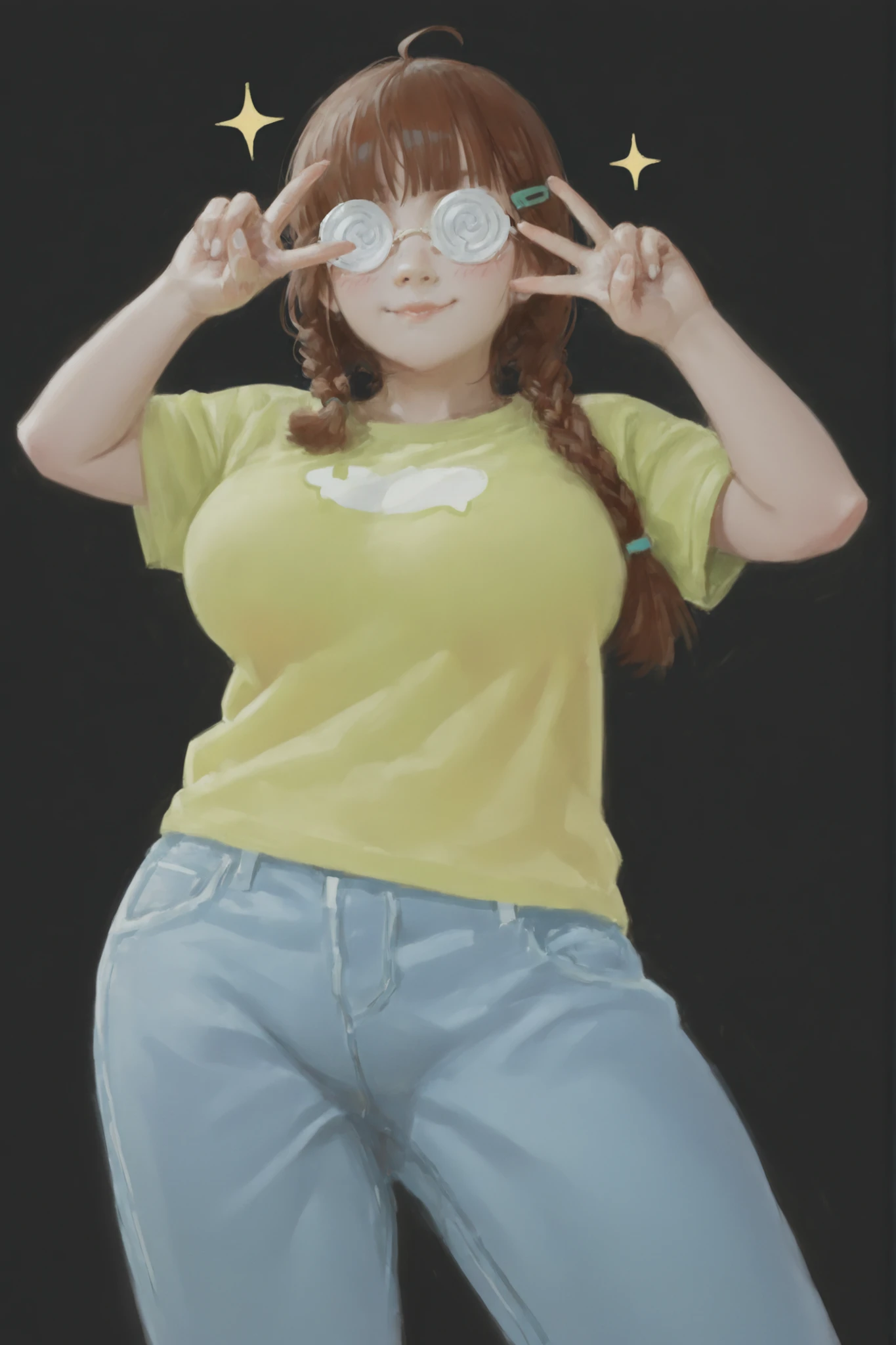 HDR, 8K, high contrast, masterpiece, best quality, amazing quality, very aesthetic, painting artstyle, realistic, newest, hyperdetailed painting, brushstrokes, digital painting,
BREAK
bounce light, hyperdetailed, detailed hair strands, detailed fibers, aesthetic, 8k wallpaper, detailed, masterpiece, best quality, amazing quality, very aesthetic, absurdres, 8K,masterpiece, great colors, color theory, great lighting, great composition, flawless. 1girl, solo, breasts, blush, green T-shirt, large breasts, brown hair, hair ornament, thick thighs, blue jeans, ahoge, braided hair. Single braid, Blunt bangs. Long side bangs, short sleeves, thighs, hairclip, green glass rims :>, v pose, round eyewear, @ @, opaque glasses, coke-bottle glasses. , sparkle, portrait