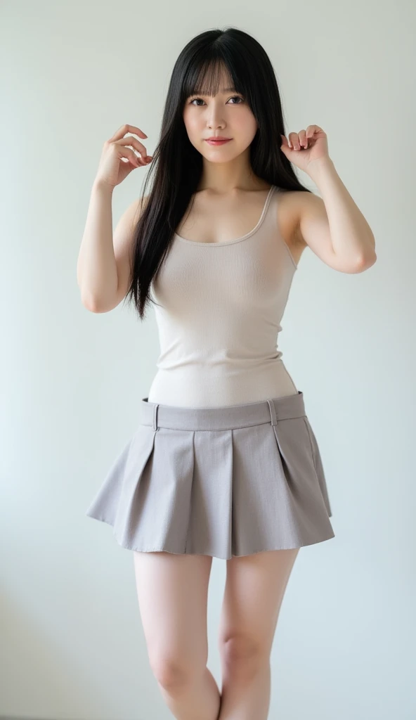 {Full body and front view picture of a beautiful girl, 18 years old, wearing only a very short miniskirt and black transparent stockings,
  camera_angle: {Full body, front view, focusing on legs and hips},
  outfit: {very short black miniskirt, black transparent stockings, naked on top exposing her tits},
  physical_description: {Slim body, long straight black hair, large green eyes, thin arched eyebrows, small upturned nose, thin pink lips, very fair skin, sweet beautiful face with a warm smile},
  pose: {standing with one leg slightly bent, hands resting on hips},
  background: {Simple, neutral background to highlight the outfit}

