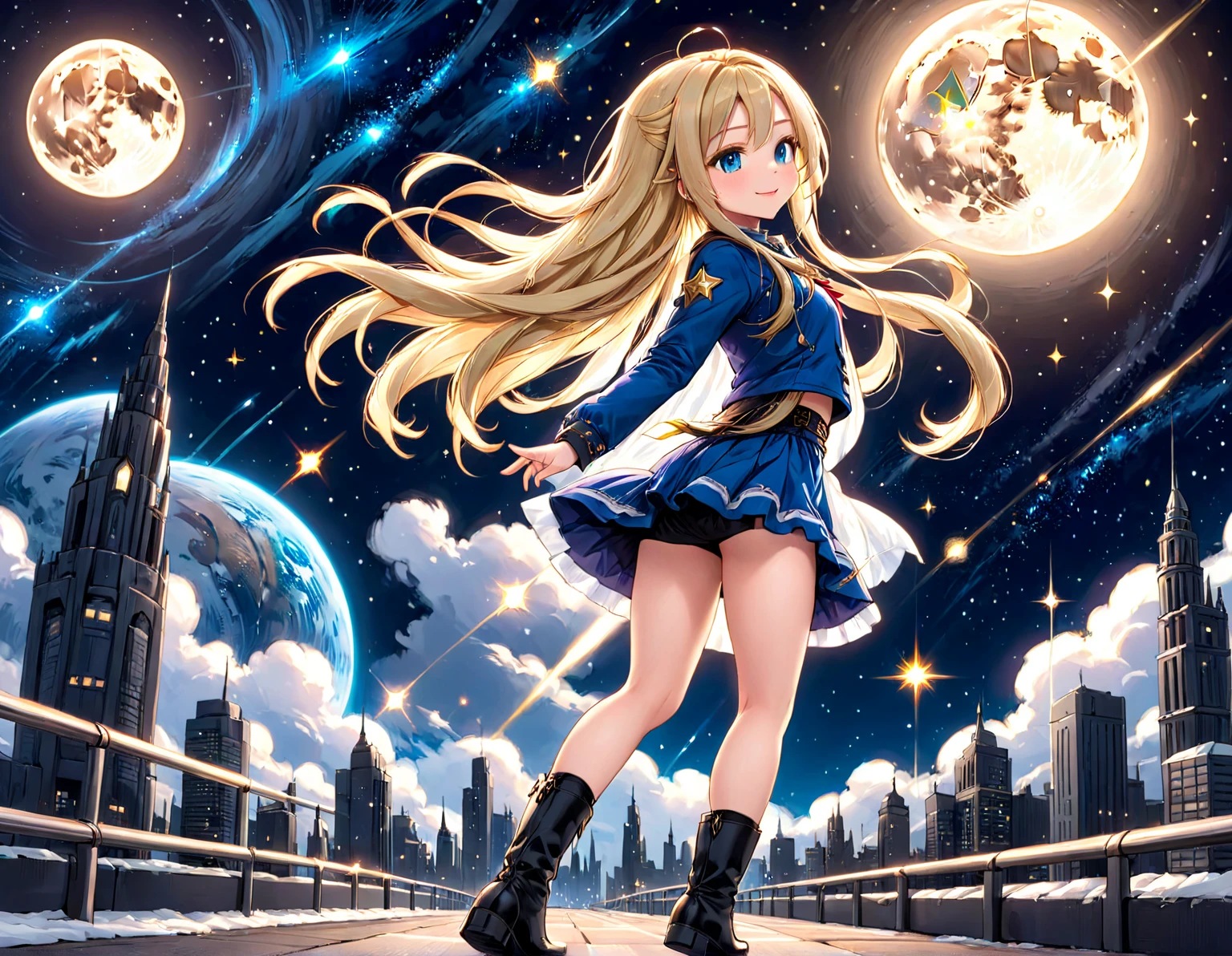 (peek from behind,looking with fingers crossed:1.1,A city in another world:1.0,full body description:1.0,beautiful feet:1.1,With thin rags,mini skirt,smile,1 beautiful girl,blue eyes:1.2,universe,long hair fluttering in the wind:1.1,(blonde hair,long hair to the waist,Detailed depiction of hair),(8K high quality),small face,knee high boots,all,shooting star,meteor,full moon,wink:1.2,unparalleled beauty,ultra high resolution,mysterious beautiful girl