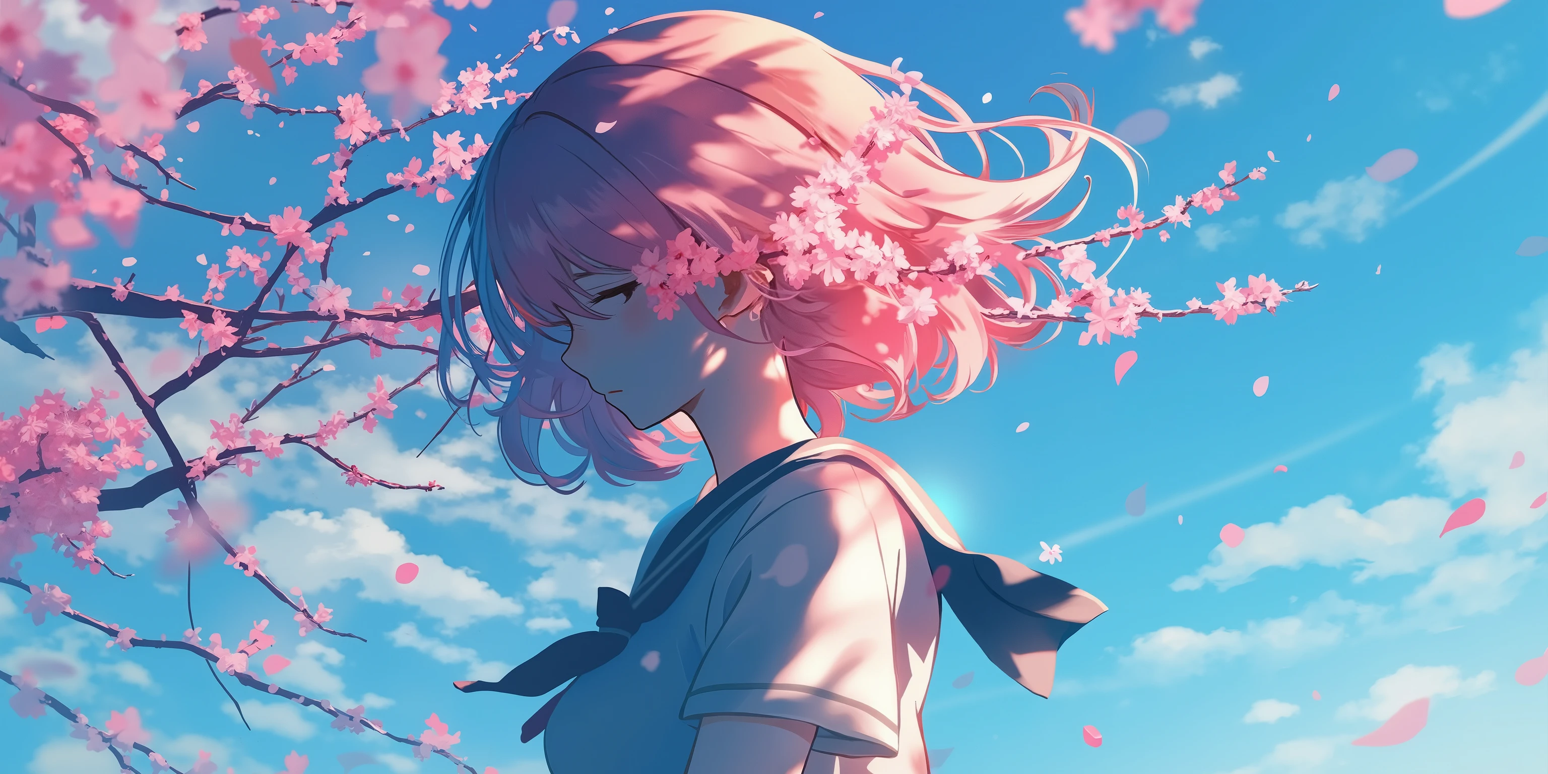 A young anime girl, likely Asian, with light skin and short, vibrant pink hair adorned with cherry blossoms, is depicted against a backdrop of a clear, light-blue sky dotted with fluffy white clouds. She is positioned slightly to the left of the frame, in a three-quarter profile view, gazing downward and slightly to her left. Her expression is pensive and melancholic. She is wearing a light-gray/off-white uniform top with a dark navy/blue sailor collar and tie. Her body type is slender and youthful. The cherry blossoms are scattered throughout the image, delicately floating against the vibrant sky. The lighting is soft and diffused, casting subtle shadows on her face and shoulders. The color palette is predominantly pastel shades of pink, light blue, and white, creating a serene and dreamy atmosphere. The composition is simple and symmetrical, emphasizing the girl's quiet sadness amidst a beautiful natural scene. The style is anime, with exaggerated features and a focus on emotional expression. The perspective is slightly elevated, looking down at her from above, as if the viewer is standing amidst the cherry blossoms.