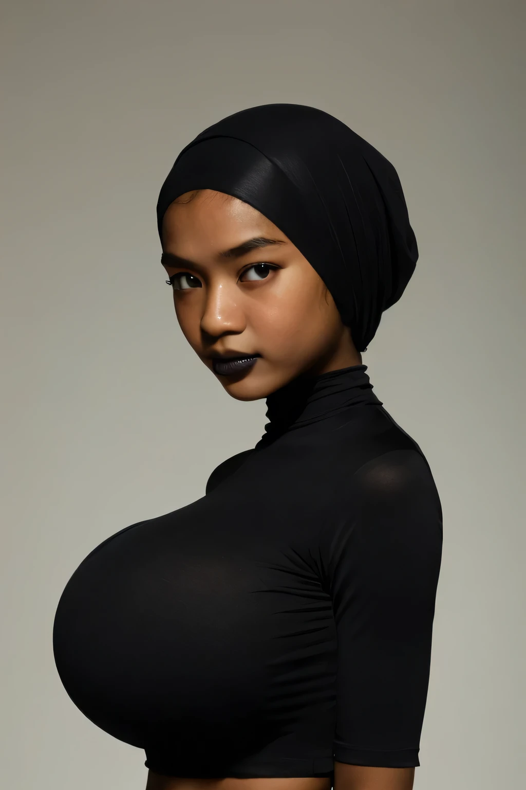 Skinny, green fluorescence Strapless Jumbo (Fatty), adorable, (1 girl), (face to face), , baby face, sad, half body portrait, (face details: 1), (eye details: 1), ((big breasts Solid:1.54)). wearing translucent (transparent) transparency (soft short t-shirt cropped) , hijab, .. Cute posed. proportional body. Ultra High Res. realistic: 1.4, UHD, view from side seductive pose, (Lulu Chu:1.3), (Dark black Lipstick:1.2), (sad face expressions:1.3) LITTLE SMALL GIRLS, LITTLE SMALL GIRLS, LITTLE SMALL GIRLS, (shine dark black tone skin:1.7)