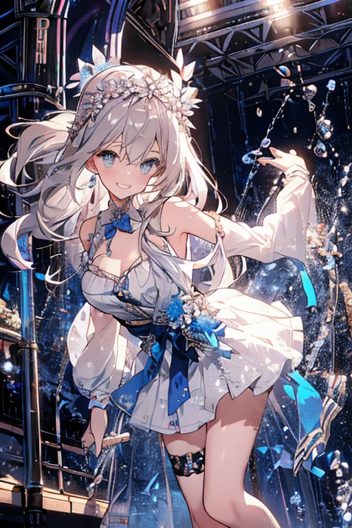 Goddess of Love and War,silver big volume ultra long (((wide curl twin-drill))) hair,impossibly big breasts,Lapis Lazuli Dress,laugh,hyper kawaii loli girl,