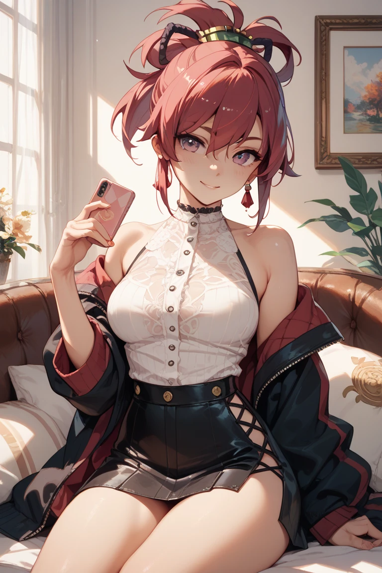 Realistic image, detailed image, 1 elf. She has red wine-colored hair that is tied in a messy ponytail, with two loose bangs hanging on either side. Her eyes are a lighter red wine. She has dark sunglasses on the top of her head and a pearl earring in her right ear. she is wearing a crop top and shorts. big boobs, narrow waist, wide hips and thick thighs. smiling. Back arched. sitting. night, starry sky. Volumetric light. Ambient light.