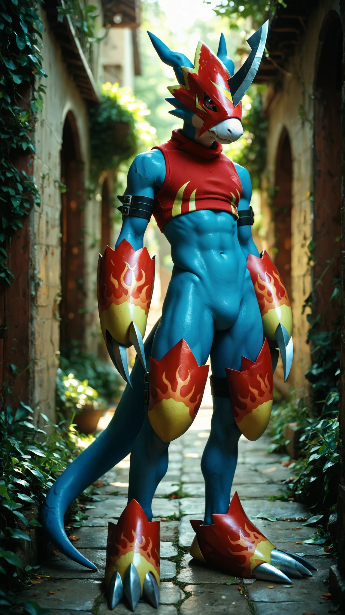 flamedramon, furry, blue skin, red eyes, mask, arm belt, crop top, gauntlets, thigh armor, footwear, score_6_up, score_7_up, score_8, score_9, solo, 1boy, standing, full body, detailed background, outdoors