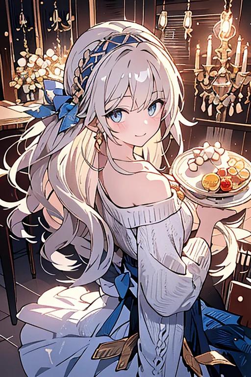 (((Masterpiece))),(((Super Detail))),(((in 8K))),(((best composition))),(((Rim lighting,Fireglow effect,deep shadow))),solo),Beautiful fingers,Detailed finger features,(Detailed hair features:1.7),(Dynamic and sexy bending pose:1.3),detailed facial features,detailed clothes features, (perky chest:1.1), (pointed chest:1.3), delicate beautiful face, Bright blue eyes, cute eyes, sparkling eyes, Big eyes, beautiful detailed eyes,double bun with glittering hair ornament:0.6,(super detailed glossy skin:1.3),slender body,goddess smile,((with sparkling eyes and a contagious smile)),beautiful posture,silver bronde hair, blue eyes, dress, bare shoulders,collarbone, sidelocks, hairband, earrings with jewelry, off shoulder sweater dress, arms behind back:0.4, air plant, long hair with long locks, gold hairband, off-shoulder dress, sweater dress, off-shoulder sweater, red sweater, big side hair, very long side hair,(super delicate floral pattern:1.2),seductive cleavage:1.3,beautiful glossy legs,shiny red high heels,lifting dishes with cup of a coffee,french restaurant,hustle and bustle,rising steam,(((depth of fields)))