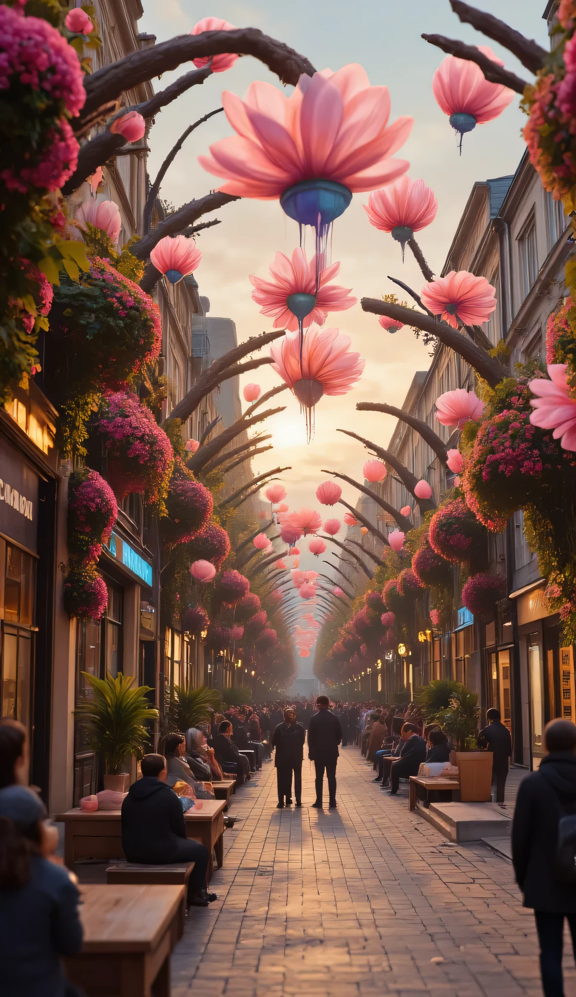 highdefinition images 、Milan's Streets、 people looking down、 Flowers and trees々The beautiful city of、Magical Beings and Mysterious Colors Hidden in Tree Branches 、 8k 、 ( High Quality Seven Colored Flowers ) A City Full of Fantasy 、 Milan's Soft Sunrise。
