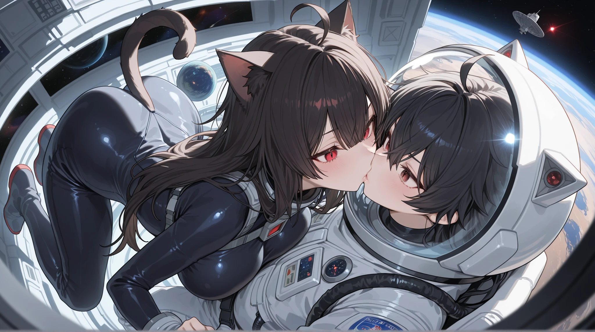 Absurd resolution, high resolution, (masterpiece:1.4), ultra-detailed, 1girl big breasts, ((cat girl)) (( black hair, Ahoge, straight bangs,, hair between eyes,)), Long hair, ((beautiful red eyes)) sharp eye, Beautiful skin, extremely nice body, pretty face, and A young man with long-length black hair, messy hair combed back without bangs, with dark brown eyes and a serious expression, . ((hetero kiss)), in a spacesuit, seen from above, space, floating, satellite, outer space operation, wide-angle lens distortion