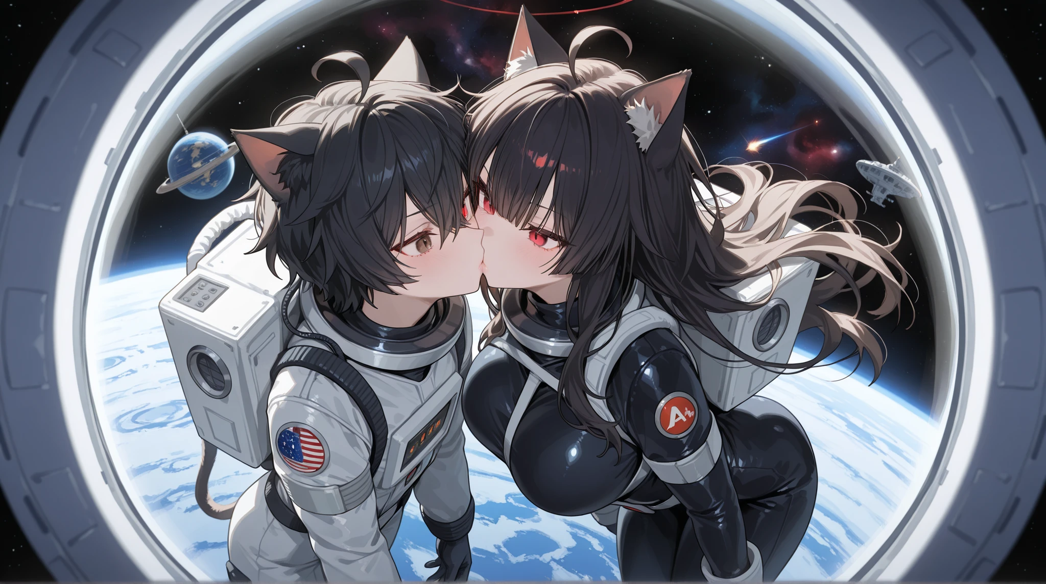 Absurd resolution, high resolution, (masterpiece:1.4), ultra-detailed, 1girl big breasts, ((cat girl)) (( black hair, Ahoge, straight bangs,, hair between eyes,)), Long hair, ((beautiful red eyes)) sharp eye, Beautiful skin, extremely nice body, pretty face, and A young man with long-length black hair, messy hair combed back without bangs, with dark brown eyes and a serious expression, . ((hetero kiss)), in a spacesuit, seen from above, space, floating, satellite, outer space operation, wide-angle lens distortion