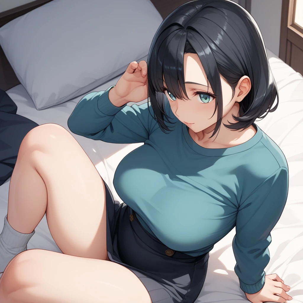 H cup breast, large bust, tight shirt, short hair, long skirt, rounded breast, clingy