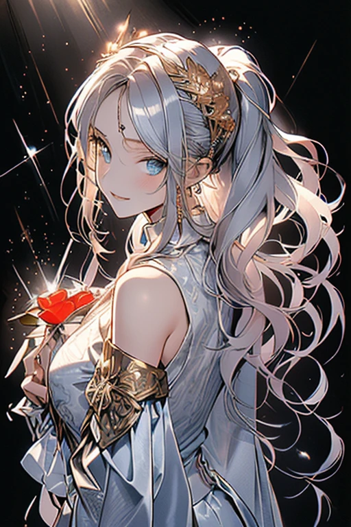 cute、beautiful girl、Hair color is silver、Long, loosely curly hair braided loosely、A beautiful girl in her 20s with a slightly childish face、Sexy chest、Small breasts、Playing with the tides,Luxray, Silver Color Hair, wind, Fluttering flower petals, Stained Glass AI, Decorative, Complex details, Dukhkova, 2d, Line art, watercolor, ink watercolor, Random color hair, Super long hair, Wavy, one person,Mandrake,flower, Mandrake, detailed, Complex, Perfect lighting, Perfect Shading, (Flat Color:1), (2d:1), (masterpiece, Awards, Highest quality:1.25), (Mature Adult:1.3)
