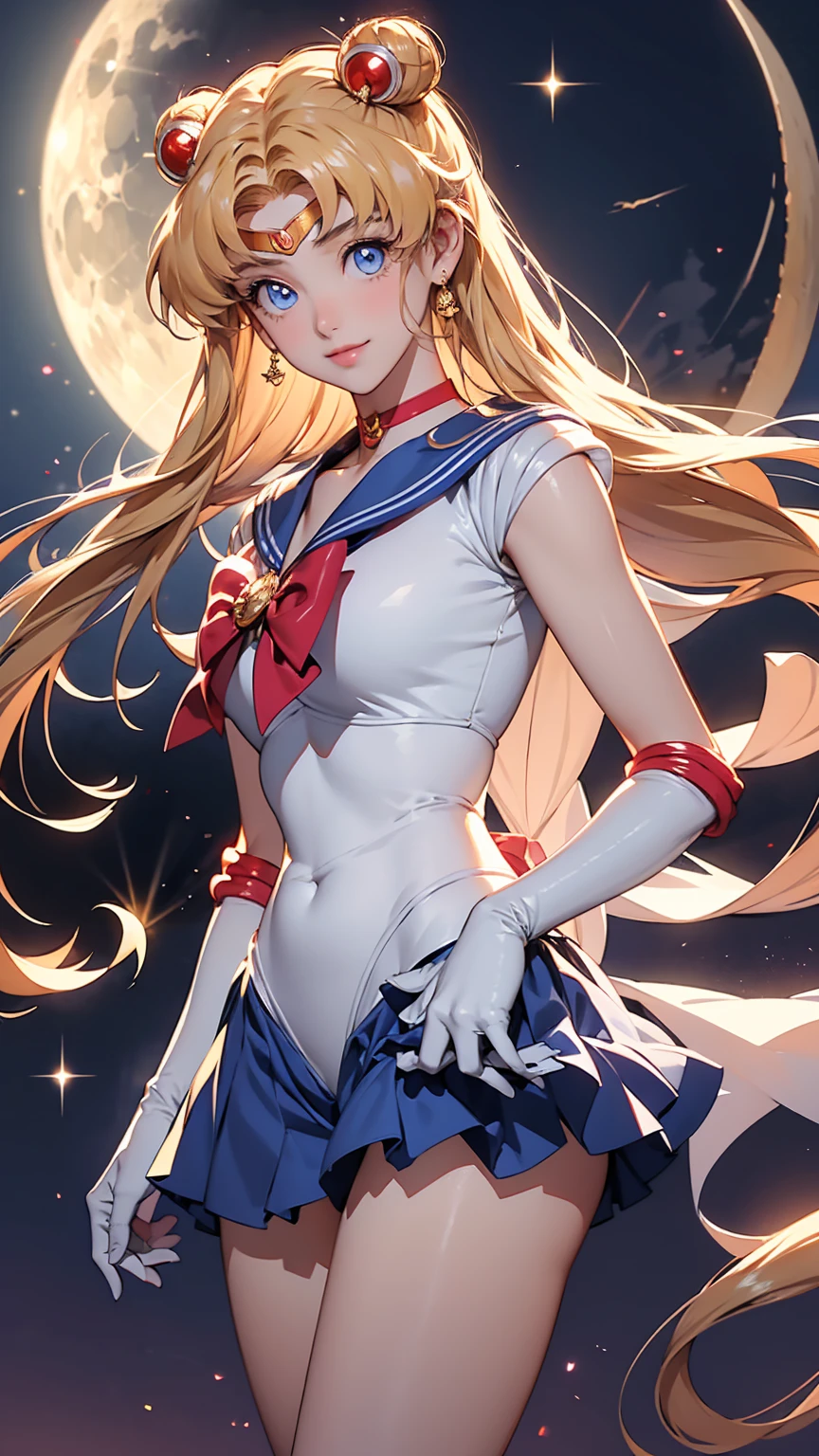 Masterpiece, Best Quality, Hi-Res, Moon 1, 1 Girl, Solo, Sailor Senshi Uniform, Sailor Moon, Usagi Tsukino, Blonde, Magical Girl, Blue Eyes, White Panties, Red Scarf, Elbow Gloves, Tiara, Blue Skirt, Pleated Skirt, Mini Skirt, Choker, White Gloves, Jewelry, Earrings, Smile, Background Is Space (Excellent Detail, Excellent Lighting, Wide Angle), Show panties,