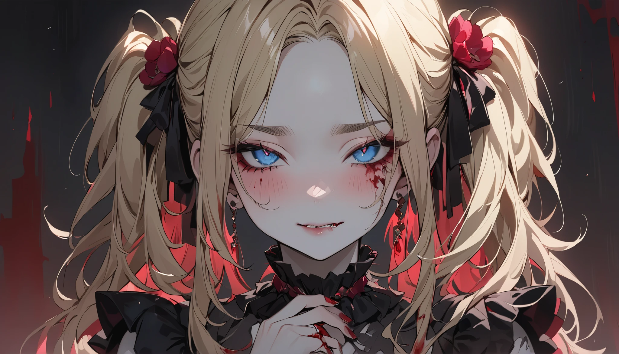 backlighting, from below, 1girl,shaded_eyes, upper body,face close-up,smile, open_mouth,blood_on_face,blood_on_body, yandere, blush, yandere_trance, shadow_on_eyes, shaded_face,hands_on_own_cheeks, hands_on_own_face,looking_at_viewer, bare_shoulders,bare_arms,Dark Environment,hell,masterpiece, best quality, very aesthetic, absurdres, horror, blood,death,ruin,black background,konjiki_no_yami(to_love-ru), to_love-ru,1girl, blonde_hair, long_hair, two_side_up, red_eyes, small_breasts, black_shirt, black_skirt, black_sleeves, Four-pointed_star_cleavage_cutout, detached_sleeves,long_sleeves, thigh_strap, tsurime,wide_sleeves,bare_shoulders