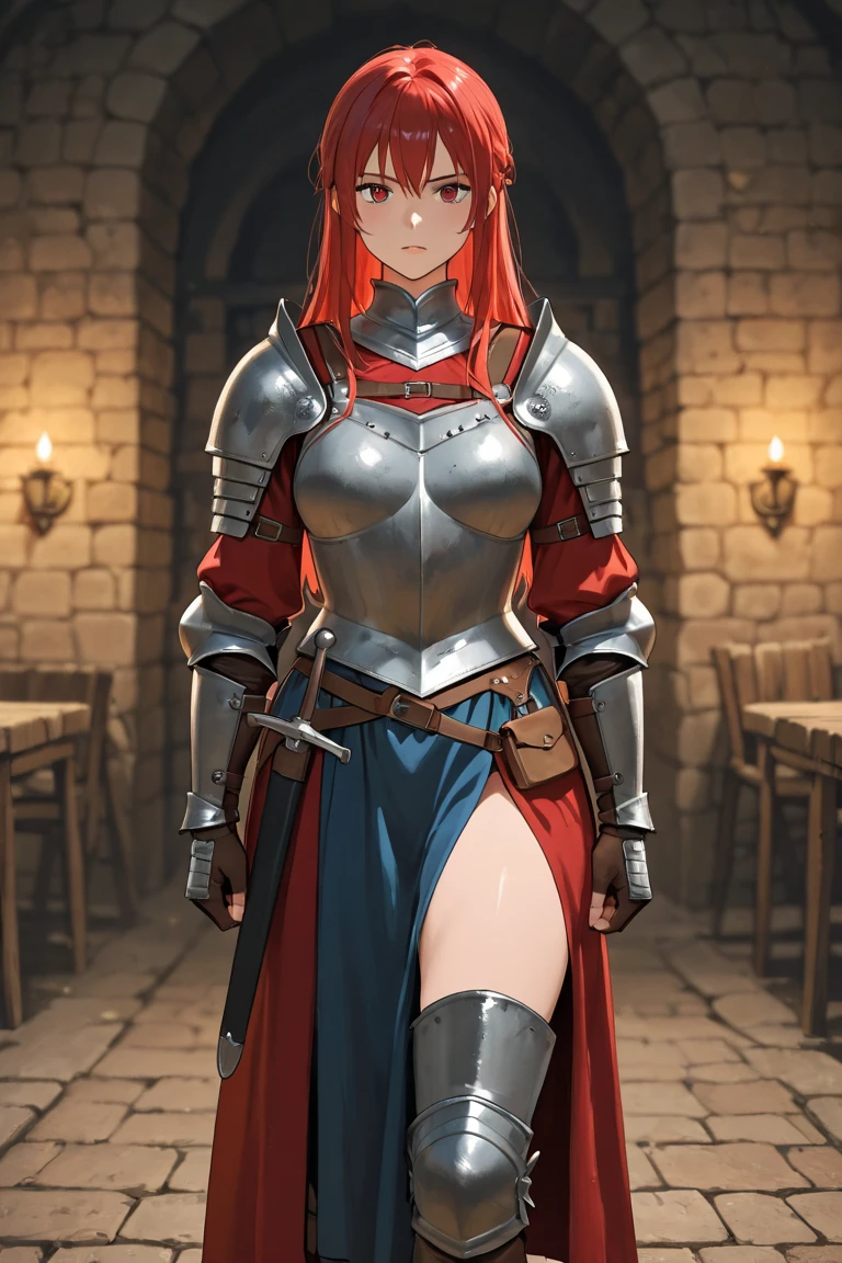 Redhead warrior, armor, medieval fantasy, D&d, RPG, ultra realistic, ultra detailed, best quality, 8k, wallpaper, steel breastplate, steel boots, steel gauntlets, steel gloves, skirt lifted, red skirt, panties, white panties, panty view, upskirt, thong, cameltoe, pantyshot, RAW,