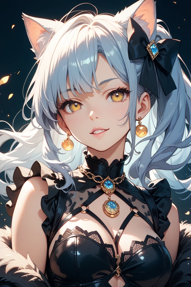 (masterpiece,best quality,ultra-detailed),1girl, curly hair,messy hairstyle,mane,dark yellow hair with black spots,leopard ears,beautiful and detailed eyes,small chest,small breasts,animal print jacket,close jacket,(grey theme),looking at viewer,((((chibi)))