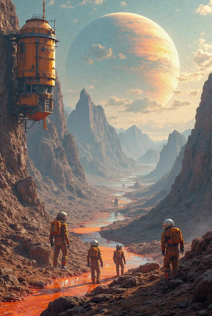 A group of humans in high-tech spacesuits are busy building bases on the vast plains of another planet，Surrounded by giant robotic arms and modular building components，In the distance are mountains and liquid metal rivers shining strange lights，A giant, colorful gaseous planet floating in the sky，The overall picture is futuristic and technological，A pioneering scene showing the early days of interplanetary migration。