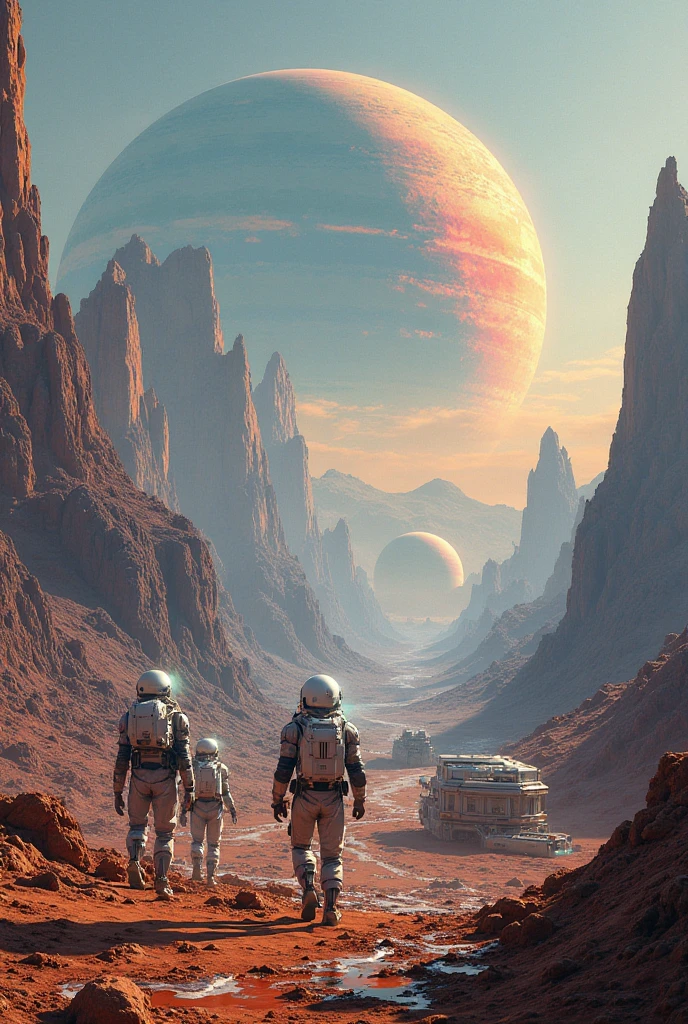 A group of humans in high-tech spacesuits are busy building bases on the vast plains of another planet，Surrounded by giant robotic arms and modular building components，In the distance are mountains and liquid metal rivers shining strange lights，A giant, colorful gaseous planet floating in the sky，The overall picture is futuristic and technological，A pioneering scene showing the early days of interplanetary migration。