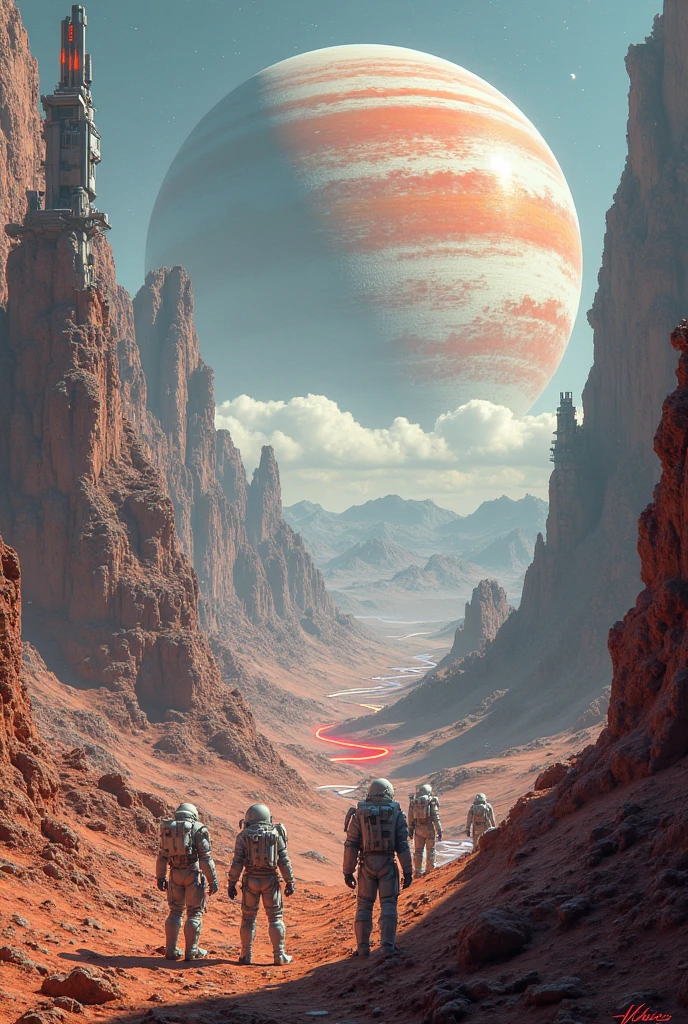 A group of humans in high-tech spacesuits are busy building bases on the vast plains of another planet，Surrounded by giant robotic arms and modular building components，In the distance are mountains and liquid metal rivers shining strange lights，A giant, colorful gaseous planet floating in the sky，The overall picture is futuristic and technological，A pioneering scene showing the early days of interplanetary migration。
