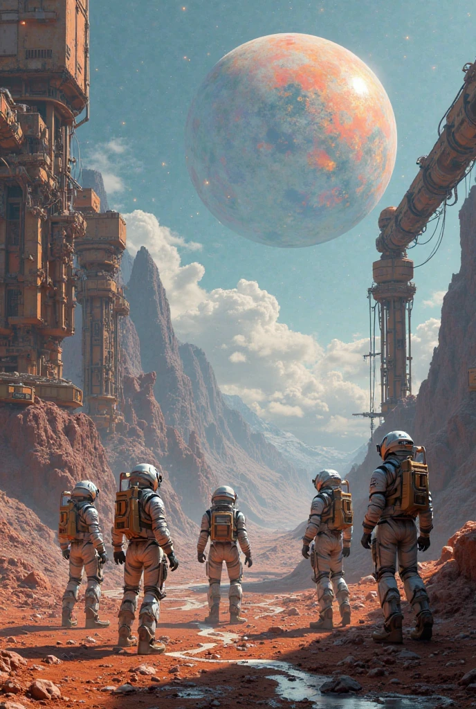 A group of humans in high-tech spacesuits are busy building bases on the vast plains of another planet，Surrounded by giant robotic arms and modular building components，In the distance are mountains and liquid metal rivers shining strange lights，A giant, colorful gaseous planet floating in the sky，The overall picture is futuristic and technological，A pioneering scene showing the early days of interplanetary migration。