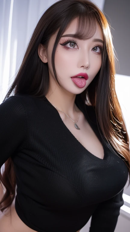 ultra high res, masterpiece,  best quality, perfect glossy shiny skins, perfect lighting, detailed lighting, dramatic shadows, ray tracing, black sweater, looking at viewer, off shoulder, Big breasts, Exposed cleavage, blue Eyes, sharp face, sharp eyes, long bangs, long hair, nsfw,  ((Dark background)), open mouse,