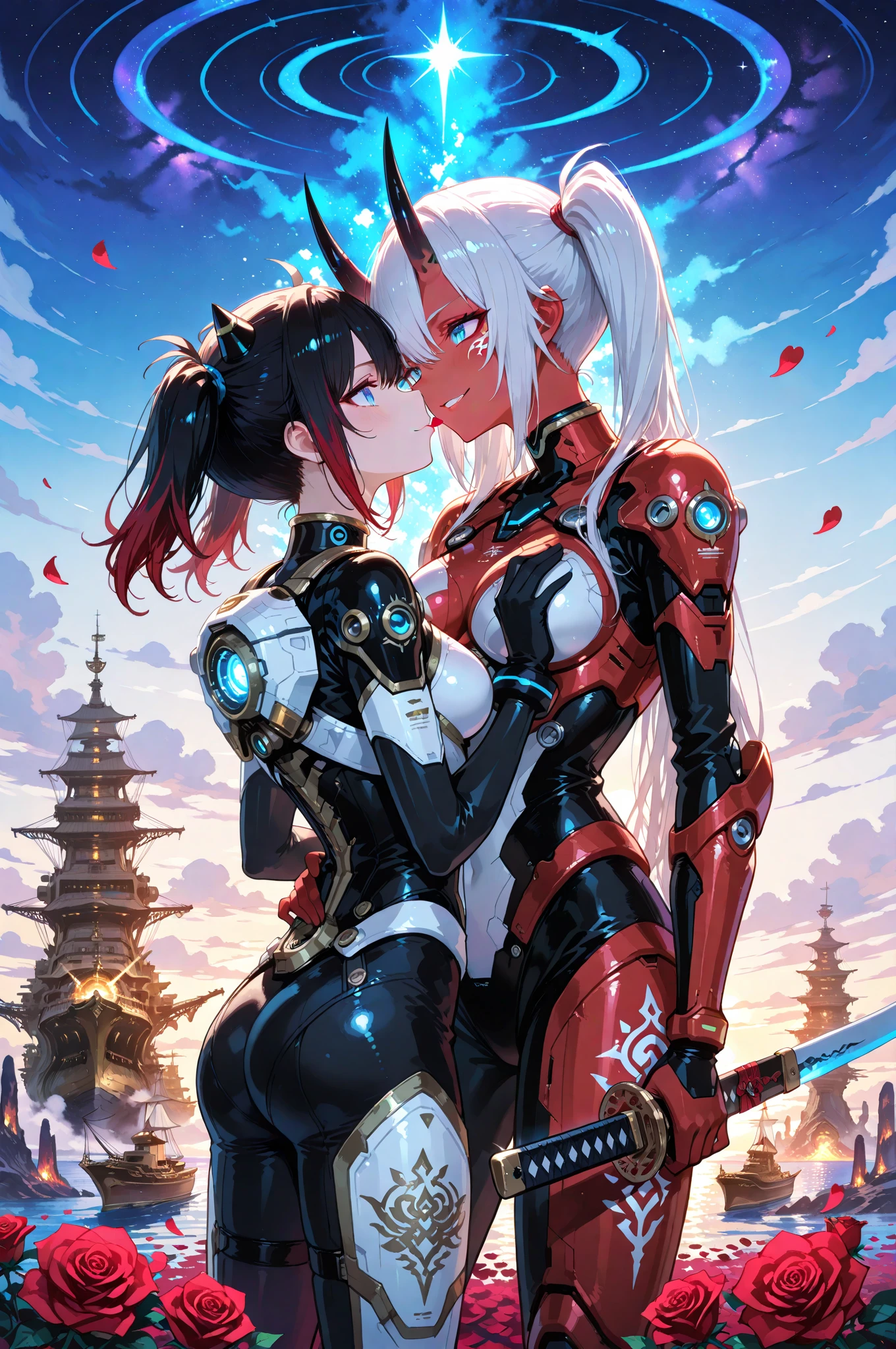 Two female knights in armor kissing and lying on the bed, they are looking at each other, stroking their erogenous zones, multicolored hair, multicolored hairstyles, multicolored eyes, multicolored skin, multicolored breasts , Colorful height, Correct anatomy, Playing, Hug, Passionate, Attractive, Necessary, Skinny costume, Super detail, Better quality, Rough skin, Correct retina, Eye correction, Realistic kiss, Full body , (anime style), heat, sweat, haze, saliva, saliva exchange,