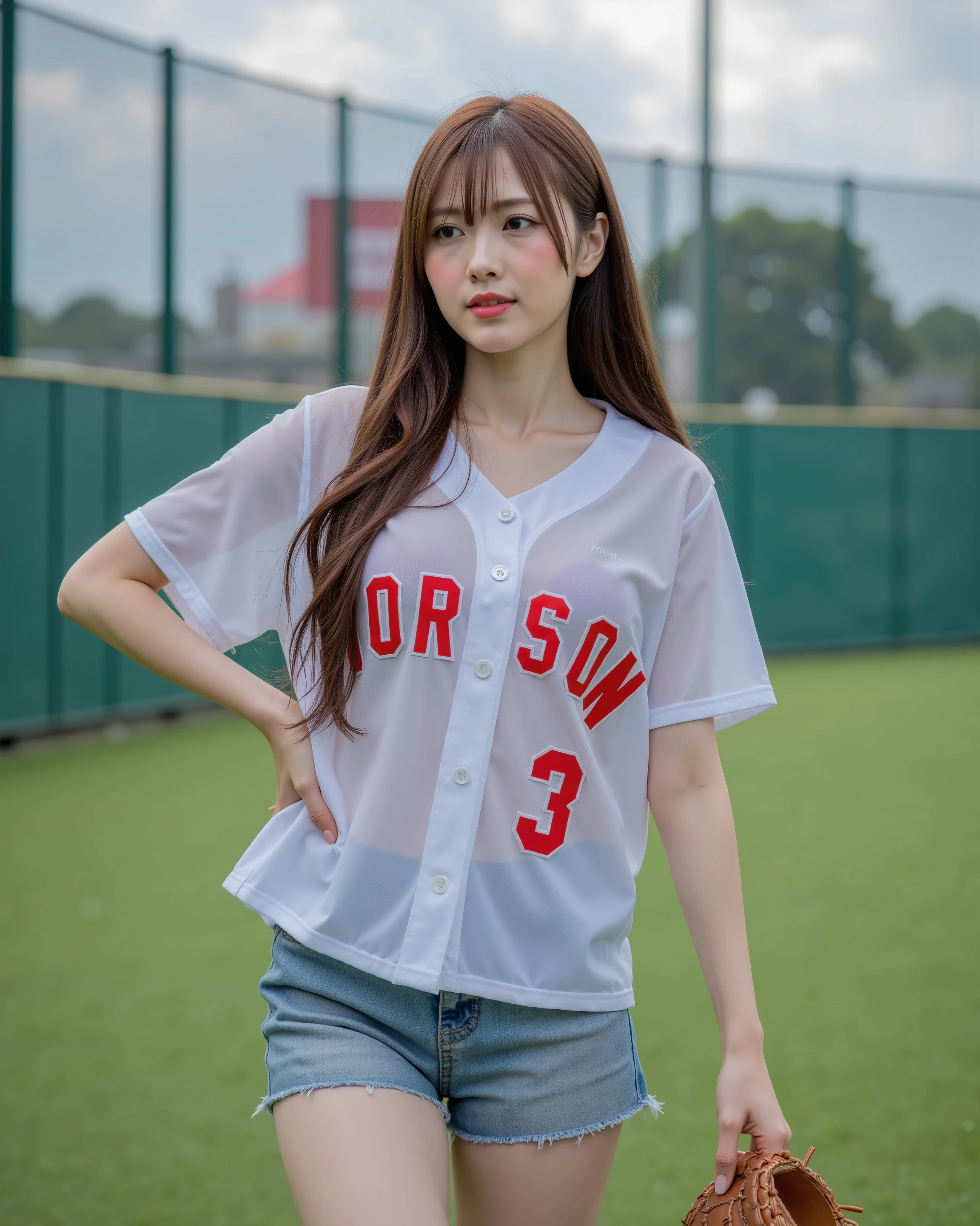 1girl , standing in the middle of green yard at stadium,sexy pose, ((full body)), beautiful woman, (gorgeous huge breasts :1.5),(sagging breasts), (Lighted up baseball field:1.1) (wear), high school girl ,(Young beautiful woman)( beauty:1.1)(Baseball team uniform :1.1)(pefect makeup:1.2),(Xiaoyan:1.2)(Beautiful lipstick:1.2),(Adorable:1.1)(NSFW:1.2)(20 years old:1.2)(beautiful skin:1.hooting up close:1.1) (清楚で超 beautyな巨乳の韓国人美女がメジャーリーグチームのユニフォームを着て立っている:1.2)(Laughing whistling :1.2)(汗ばんだbeautiful skin:1.1)(16k, RAW photos , top quality, masterpiece: 1.2),(long line hair cut:1.5) Super Detail, super resolution, (Genuine, Genuine photos: 1.37), high resolution RAW color photo, pro pics, very detailed, 8k Wallpaper, very detailed CG Unity 8k Wallpaper, very detailed beautiful girls, very detailed faces,