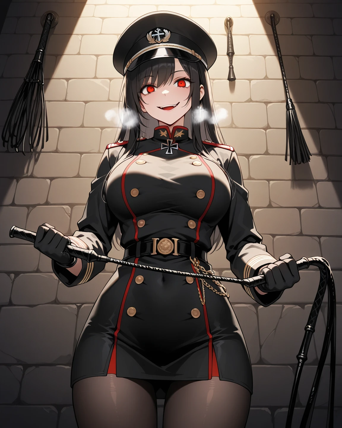score_9, score_8_up, score_7_up, score_6_up, score_5_up, score_4_up, source_anime, 1girl,masterpiece, best quality:1.3), 1girl, black hair, blue eyes, white military uniform, white uniform,  hat,  gloves, black thigh high boots, heels, w-w-chain, shackles, raise arms, messy hair, dungeon, best quality, best res, 4K UHD,
 