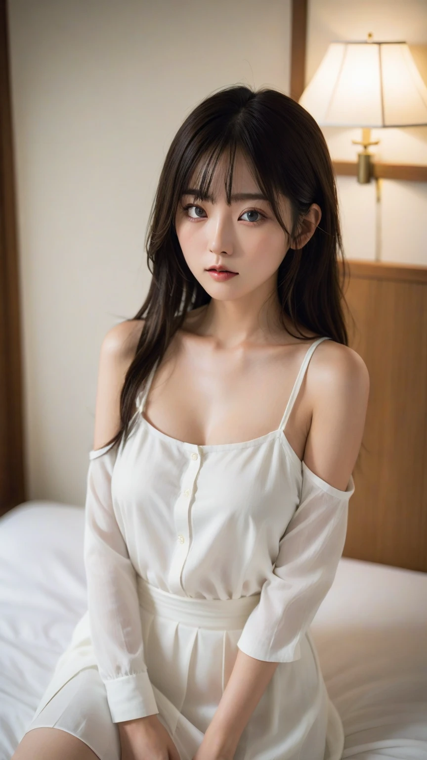 Close up portrait of woman in white top and shorts, A painting by Kiyomoto Torii, tumbler, shin hanga, Young and cute gravure idol, realistic young gravure idol, young gravure idol, Young sensual gravure idol, Young skinny gravure idol, Yoshitomo Nara, motto hole