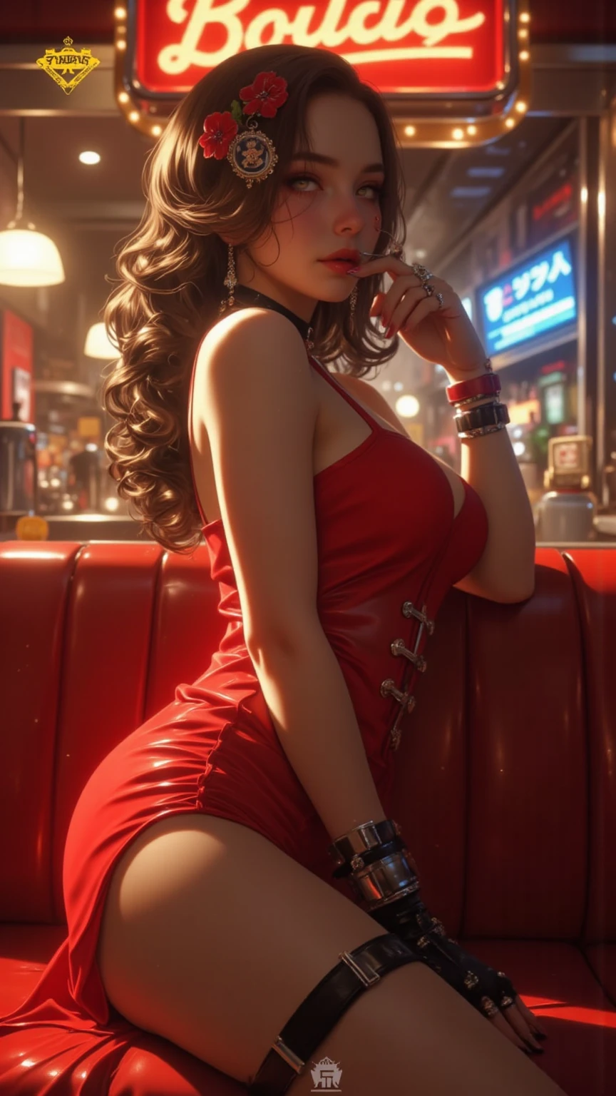 8k, masterpiece, RAW photo, best quality, photorealistic, extremely detailed CG unity 8k wallpaper, Depth of field, Cinematic Light, Lens Flare, Ray tracing, (extremely beautiful face, beautiful lips, beautiful eyes), intricate detail face, ((ultra detailed skin)), ((1girl:1.9)), ((alone:1.9)), ((seductively standing pose)), at night inside a bar, deep shadow, [[Raiana-Elizabeth-Dilla]], pretty girl, (very slim slender fit-muscled body:1.3), ((beautiful legs:1.4)), ((looking at viewer)),(big smile:1), (sexy ((see-through)) ((ultra-short ((red:1.2)) business-style uniform))), ((trendy bar scene, upscale ambiance, captivating atmosphere, cool vibes)), (classic whiskey glass and bottles, top shelf liquors, vibrant atmosphere, modern-futuristic decor, chic bar stools, crafted with precision, delectable bar snacks), (blurred background:1.4), beautiful earrings, bracelets, necklace, red pendant, clear eyes, ((tattoos)), (pale skin), (face forward), ((whole-body-view)), ((full-body:1.8, cinematic shot)), soft lighting, (long black hairs), (looking at viewer:1.8), cleavage breasts, (large breasts:1.4), touching the breast, highly detailed, ultra realistic, extremely detailed and realistic ((red:1.2)) clothes.