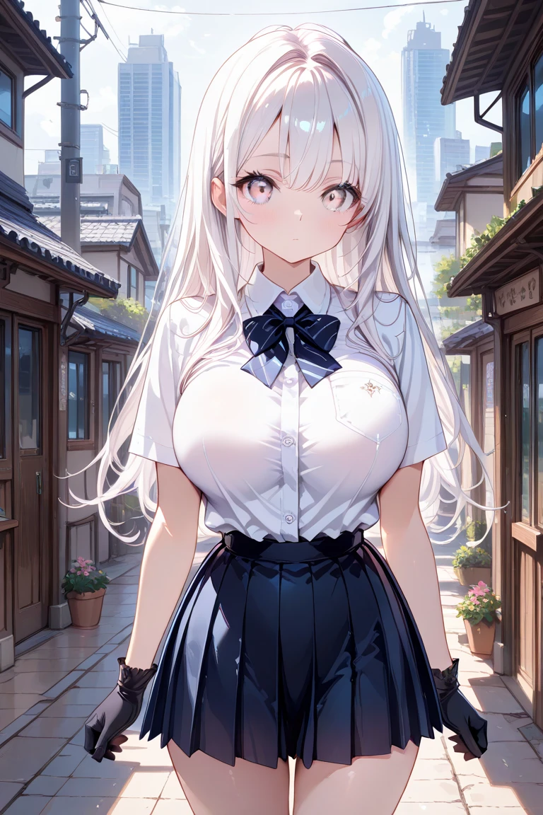 official art, masterpiece, sharp focus, (beautiful gorgeous cute Korean woman:1.3), (beautiful cute korean:1.3), korean beauty, Delicate and beautiful hair and eyes and face, realistic, ultra detailed, beautiful girl, blue sky, glow white particle, (sidelighting:1.2), slender, Lovely, very huge breasts and wide hips, massive breasts, pink blush on breasts, ((shy and aroused)), scenery, long straight hair, sexy facial expression, dynamic hair, long straight hair, detailed platinum blond hair, glow blue eyes, (grey pleated skirt+white off shoulder blouse), pale skin, at school