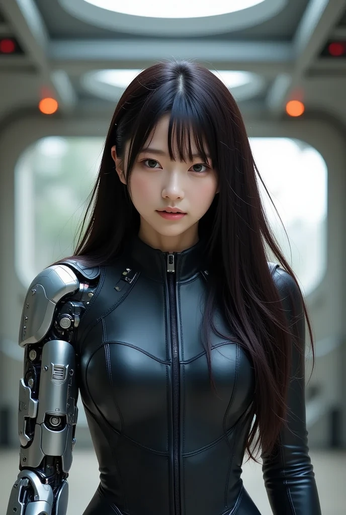 japanese girl, 20-year-old, dark makeup, detailed face, long hair, black hair, beautiful eyes, realistic, face close up, smile, sexy pose, (rubber suit), long sleeve, plate armor, leather racing gloves, 8k, cinematic, sexy girl, circuit