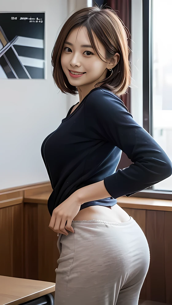 (highest quality、8k、Best image quality)、woman, 20-year-old, Short black wavy hair、(Tight clothing)、((Are thin))、Cute Smile、((Poses that accentuate the buttocks、looked back))、Sexy Hips、(((Panties visible rising from pants)))、Cute Earrings、(Please tilt your head a little)、((Beautiful buttocks in shape))、Small breasts、Beautiful teeth