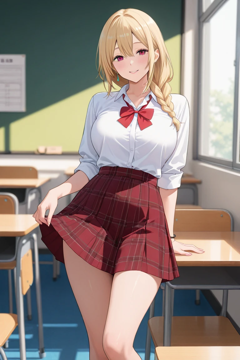 A prettie sexy japanese student 1girl blonde hair, thighs, muscle arms, ((tight black shirt:1.5)), red tie, classroom background, sunlight, daytime, prettie girl, bangs, bun hair, eyeliner, sexy girl, large breast, skinny hips, muscular thick arms, thighs, (solo), sexy), (red skirt), (light highligh), (defined jawline), (sexy girl:1.3), sitting on a desk, faccing viwer, calves in frame, calves in frame, full body, muscular calves, thick calves, white socks