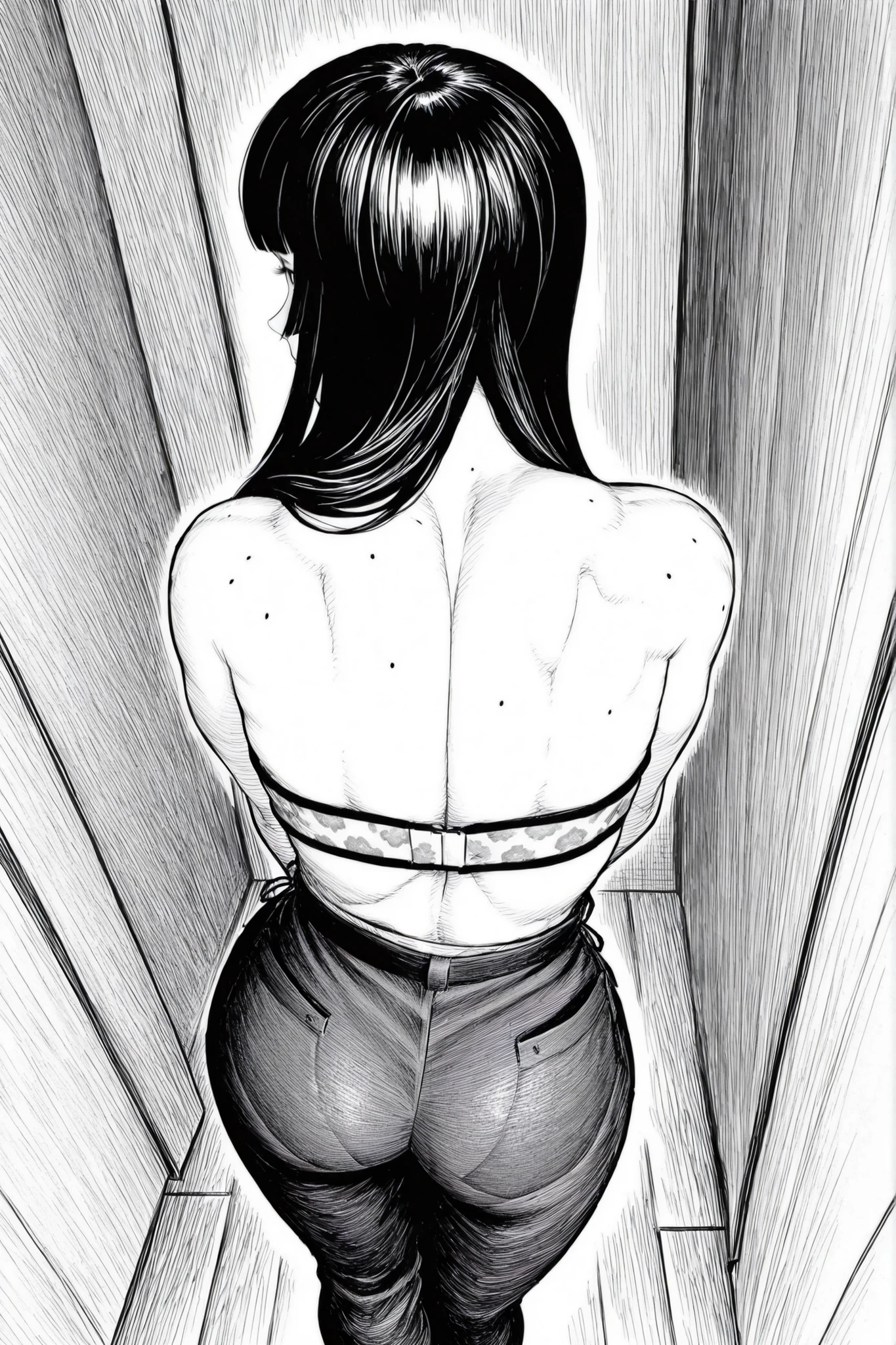 score_9, score_8_up, score_7_up, score_6_up, score_5_up, score_4_up, greyscale, monochrome
BREAK
(masterpiece: 1.0), best quality, perfect anatomy, perfect composition, perfection, manga, linear hatching, crosshatching, contour lines, hatching /texture/, hyperdetailed hatching, hyperdetailed crosshatching. Realistic proportions, realistic anatomy
BREAK
gachiakuta, monochrome, use of shape theory, use of anatomy, defined body, defined textures, defined fabric folds
BREAK
1girl, dynamic pose, foreshortening, back to viewer, defined back muscles, hime cut hair, black hair, grey eyes, spots bra, black pants, high angle, standing,