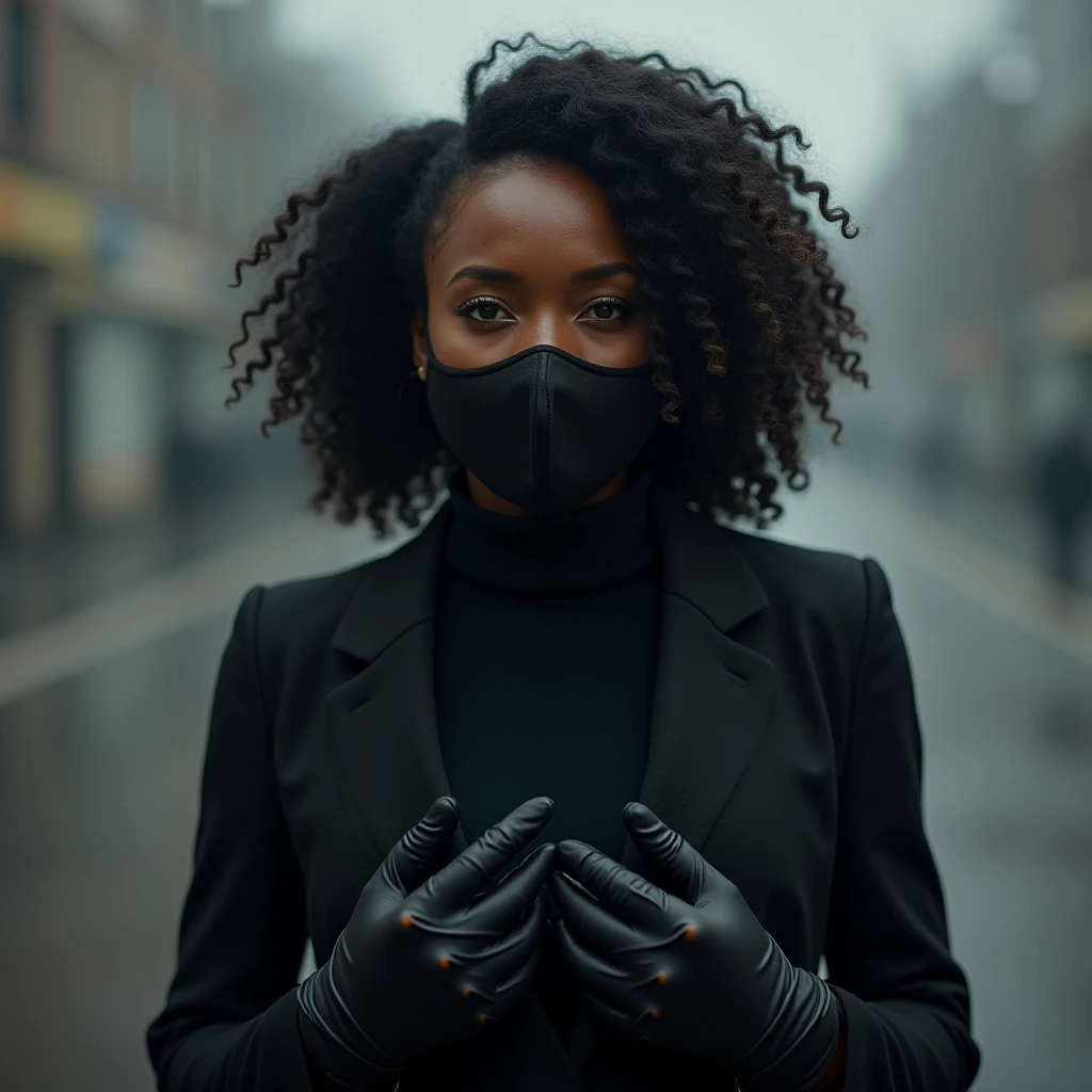 Beautiful woman of dark brown skin color has a mask covering her face,short black hair,She is dressed in a short, very tight black suit.,she is very passionate,He is posing on a white wall
