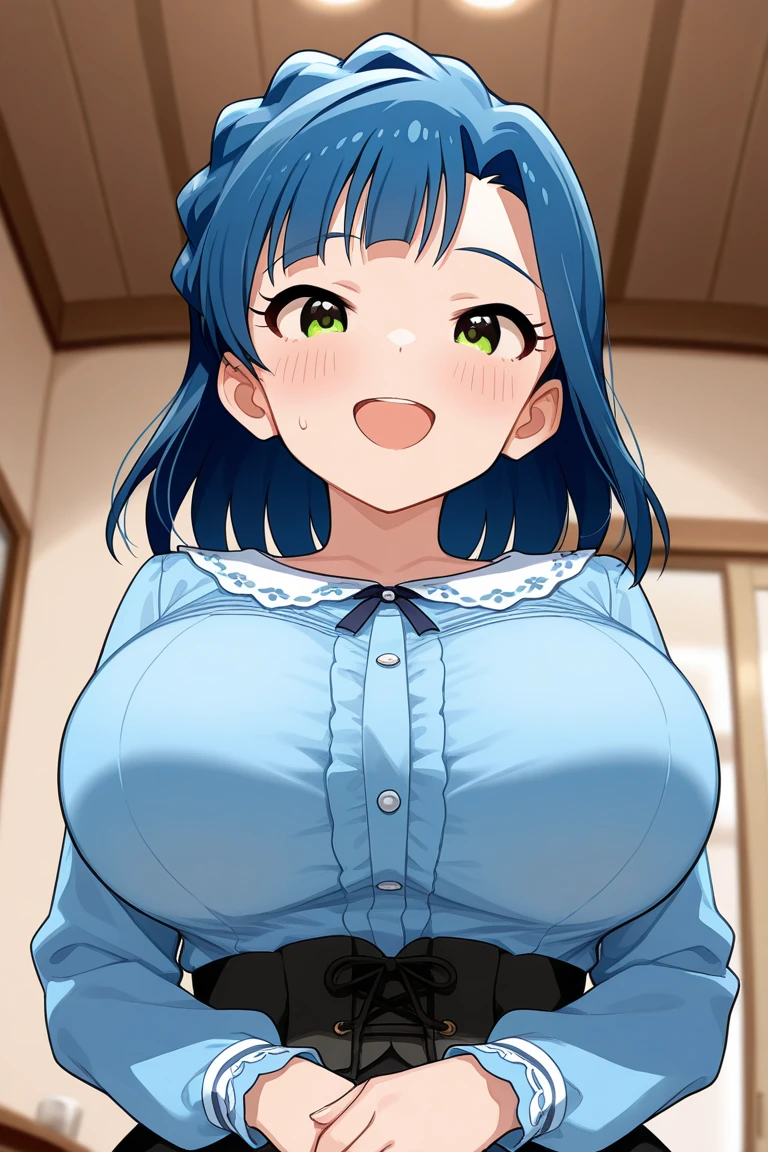 Dark light, night time, (Masterpiece), Best Quality, ultra-detailed, 1girl (rinko_iori, Slender and sexy body, big and pretty breasts, dark blue hair, long wave hair, blue eyes), a angry face, open mouth, facing viewer, looking at viewer, nose blush, blush, solo, yellow turtle neck sweater(torn), nipples, white panties( torn clothes), pussy, in the store, kabedon pov, kabedon against wall, standing, hands covered nipples, top view