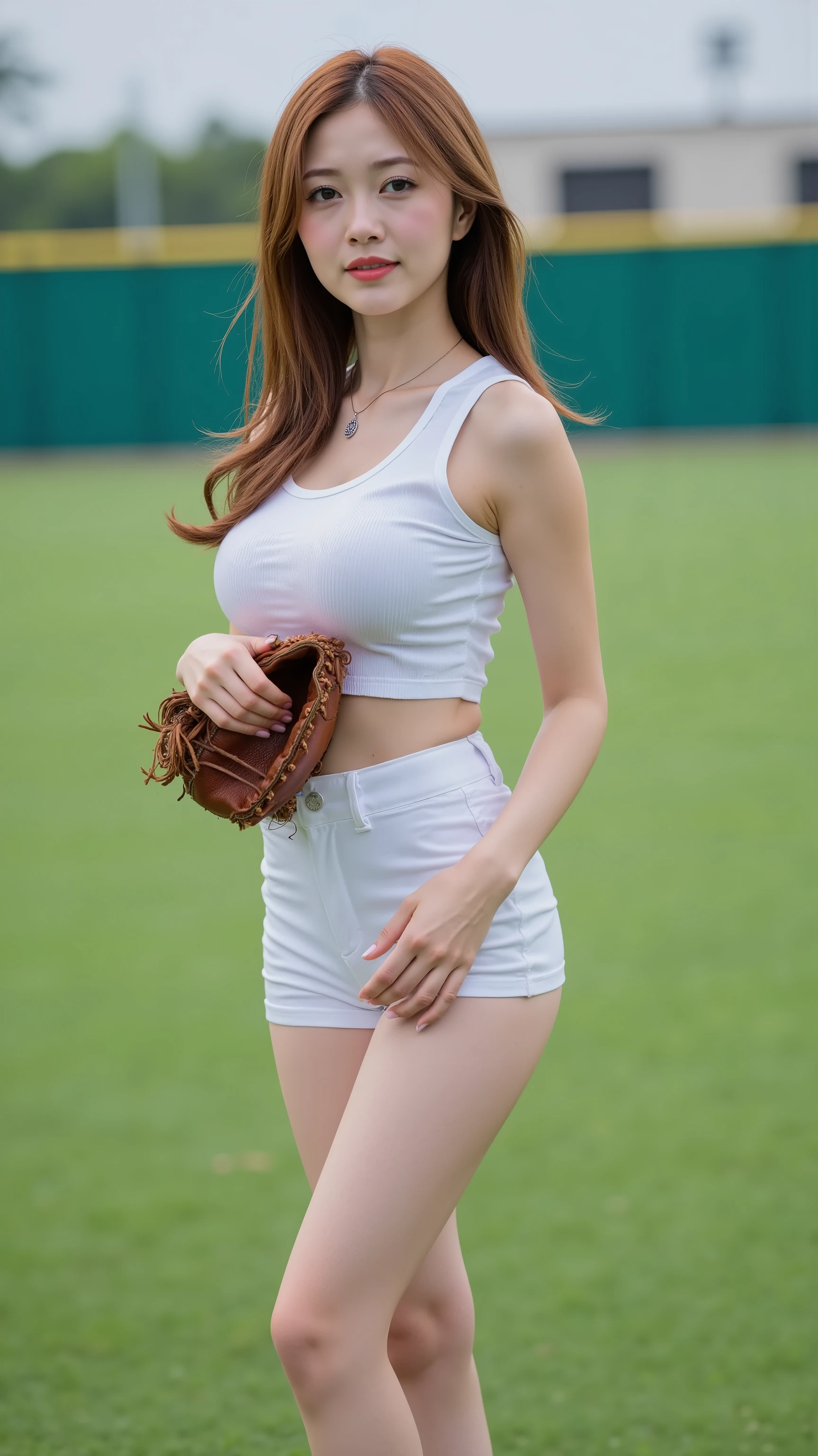 1girl , standing in the middle of green yard at stadium,sexy pose, ((full body)), beautiful woman, (gorgeous huge breasts :1.5),(sagging breasts), (Lighted up baseball field:1.1) (wear), high school girl ,(Young beautiful woman)( beauty:1.1)(Baseball team uniform :1.1)(pefect makeup:1.2),(Xiaoyan:1.2)(Beautiful lipstick:1.2),(Adorable:1.1)(NSFW:1.2)(20 years old:1.2)(beautiful skin:1.hooting up close:1.1) (清楚で超 beautyな巨乳の韓国人美女がメジャーリーグチームのユニフォームを着て立っている:1.2)(Laughing whistling :1.2)(汗ばんだbeautiful skin:1.1)(16k, RAW photos , top quality, masterpiece: 1.2),(long line hair cut:1.5) Super Detail, super resolution, (Genuine, Genuine photos: 1.37), high resolution RAW color photo, pro pics, very detailed, 8k Wallpaper, very detailed CG Unity 8k Wallpaper, very detailed beautiful girls, very detailed faces,