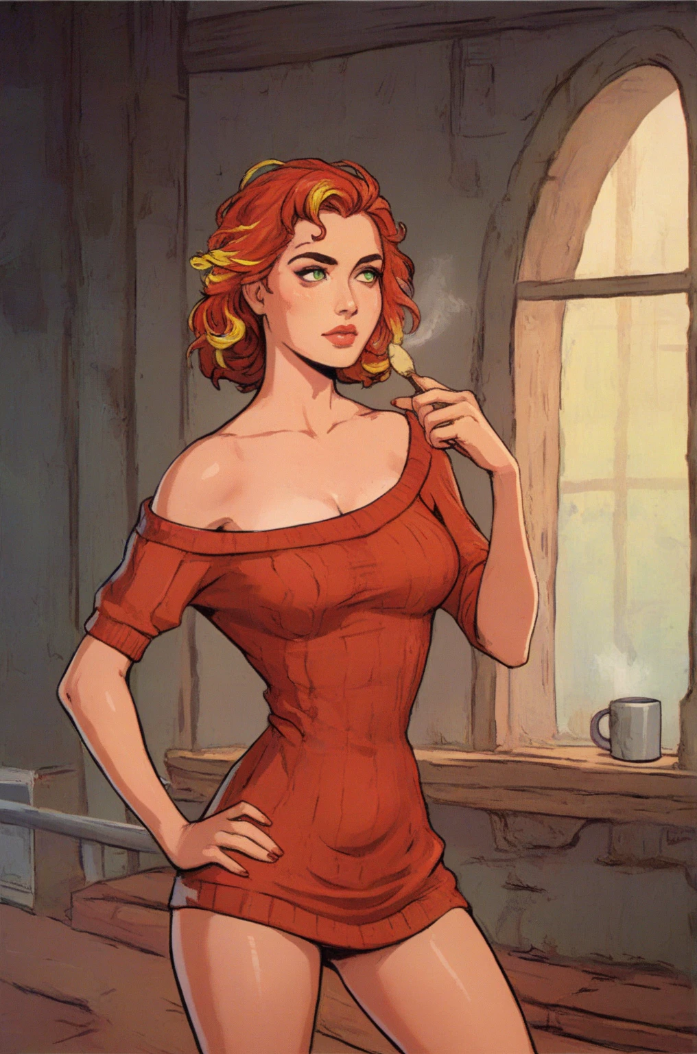  girl, white skin, medium-short height. blue eyes.  She was wearing a jeans, red t-shirt, she was wearing a wine cap in her orange head. She had a bow in her back. busty. Comic style. 