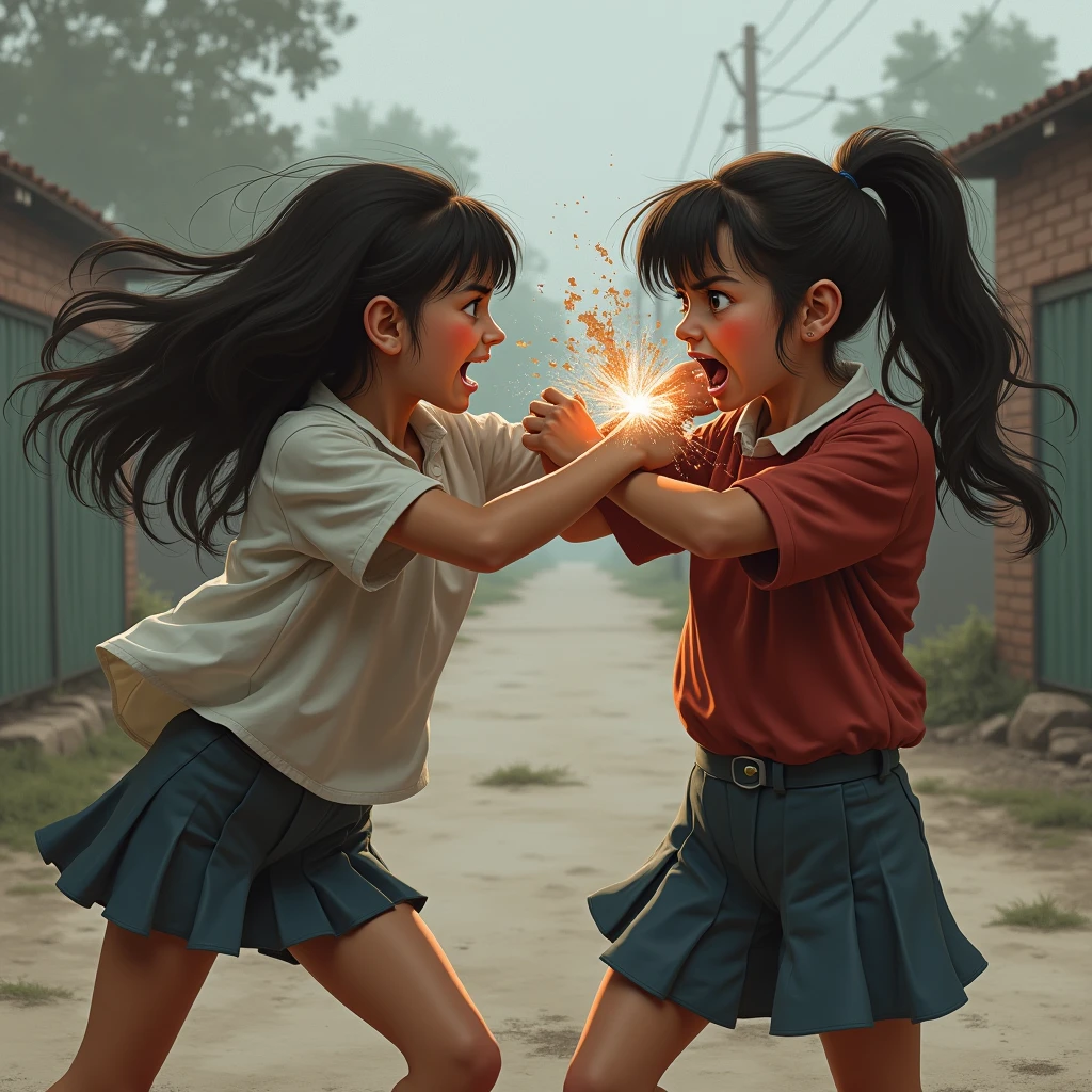 A fight between 2 Indian girls wearing skirts. In school girls toilet angry face. Try to defeat each other in fight . 