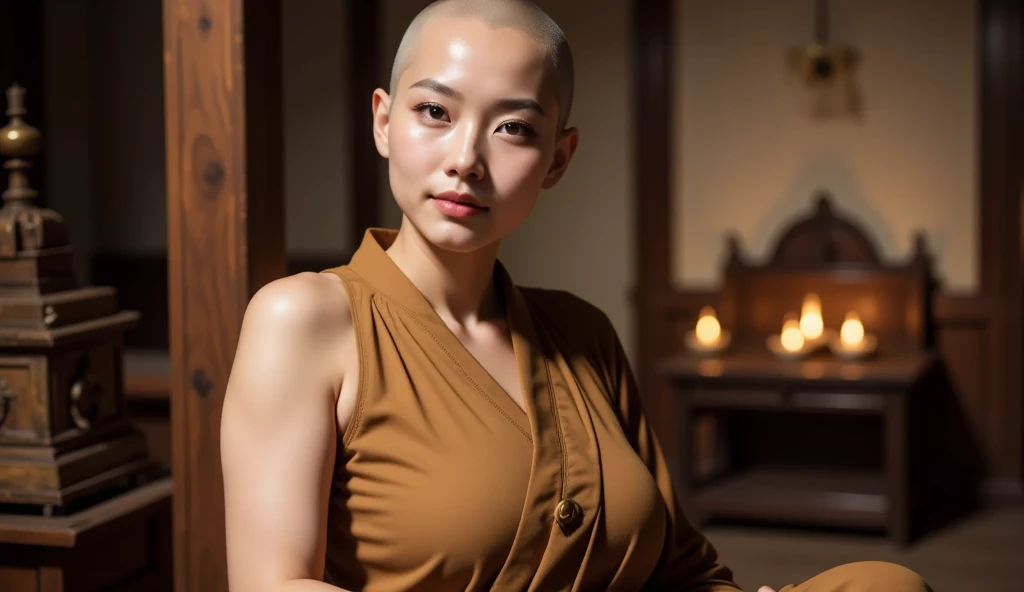 ((Hairstyle is shaved head, skinhead)), (Japan female), age 55 years old, 8K, photorealistic, photorealism, portrait, 85mm lens, depth of field, skin gloss is delicate, eyes are black, eyes are drooping, slightly off, lips are plump, chubby, (Rino Katase), gray suit, tight miniskirt, prison, prison, dog collar, Fair skin being pulled by a chain attached to the collar