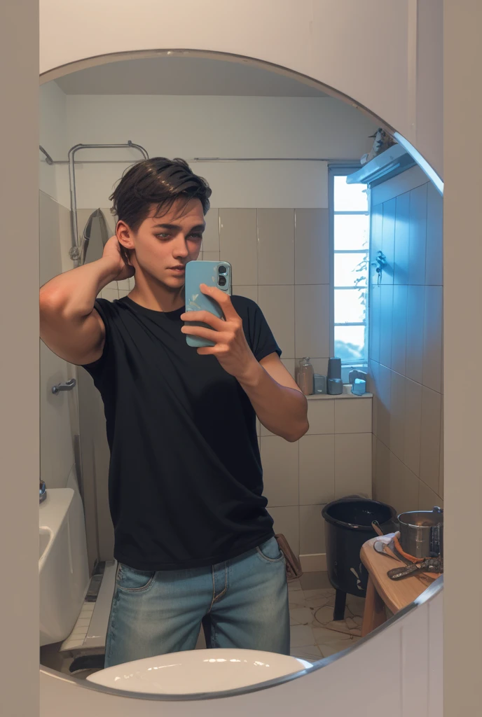 Handsome 18-year-old with black hair and brown eyes taking a photo in front of a mirror without a shirt and wearing black jeans and white tennis shoes, inside a room with a toned, white-skinned body with a cell phone in his hand