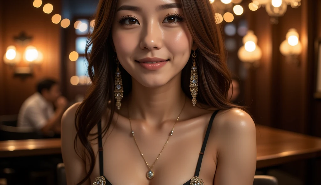(masterpiece:1.4), (best quality:1.4), ultra high res, ultra high resolution, ((detailed facial features)), HDR, (realistic, photorealistic, photo-realistic:1.37), closeup, sexy seductive Thai woman, (seductive smile), long lashes, beautiful makeup, platinum blonde hair, fair skin, slender figure, elegant posture, wearing large sparkling colorful jewelery, wearing a business style leather dress, standing in a large shopping mall, gentle sunlight shining through the shopping mall windows, casting a soft glow on her face, adding warmth to the scene, vibrant colors, capturing the essence of vibrant city life, portrait style, showcasing her natural beauty and grace in a feminine way